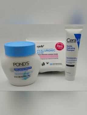 Pond's Dry Skin Facial Moisturizer, Cerave Shampoo, & Makeup Remover Wipes